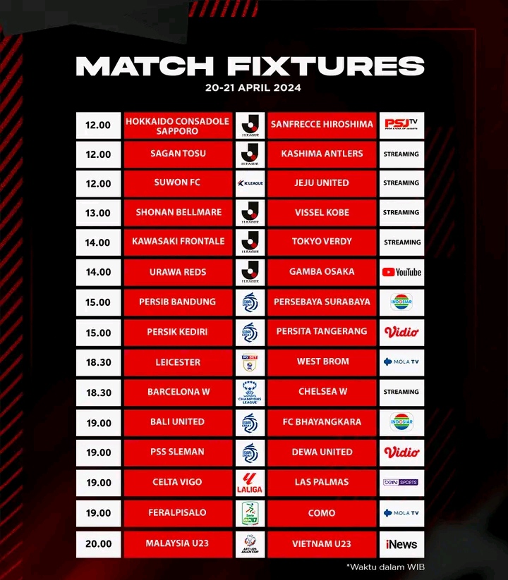 Jadwal Bola Malam Ini 20 April 2024 2 SCORE.CO.ID