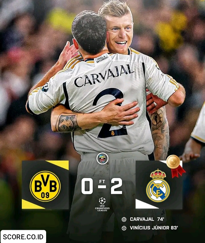 Hasil UCL 2024 : Real Madrid Rengkuh Juara ke-15 Kalahkan Borrusia Dortmund 2-0