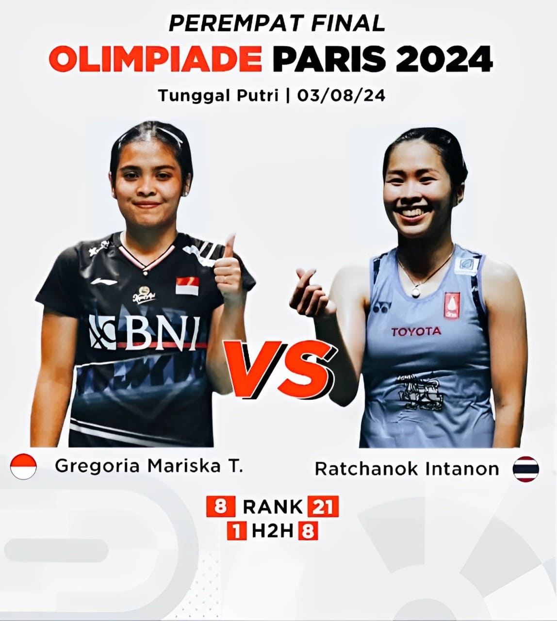 Head to Head Georgia Mariska Tunjung vs Ratchanok Intanon