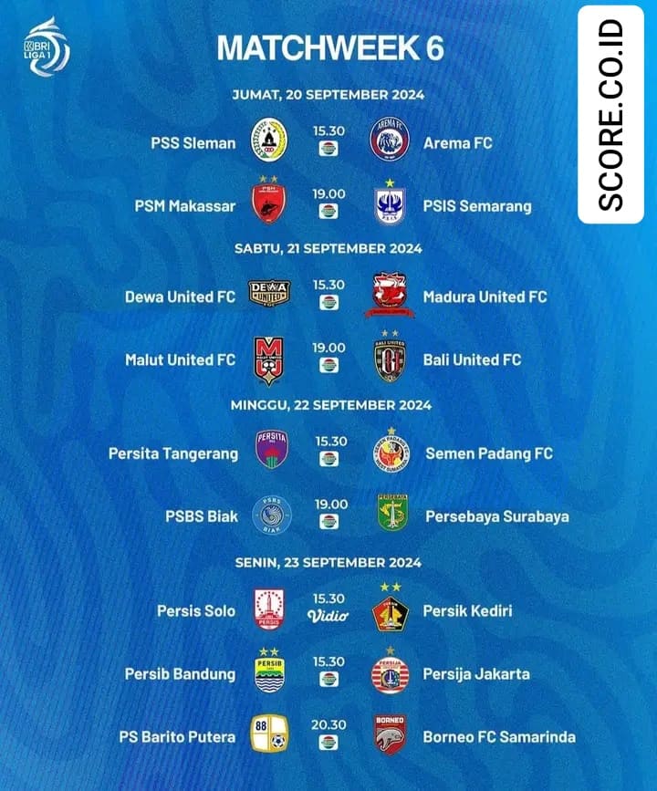 Jadwal Liga Indonesia Periode 20-22 September 2024 Versi SCORE.CO.ID