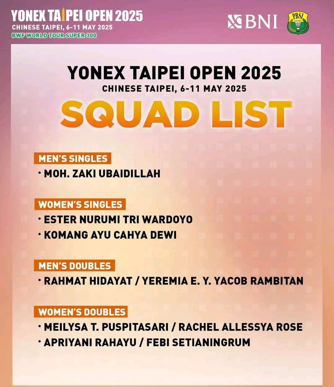 Pemain di Taipei Open 2025: Daftar Drawing dan Mundur dari Turnamen