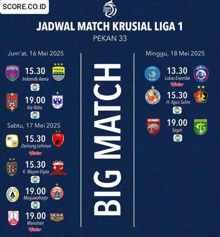 Jadwal Liga 1 Pekan 33 2025