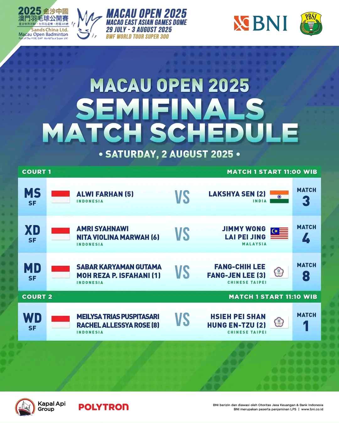 Jadwal Semifinal Macau Open 2025