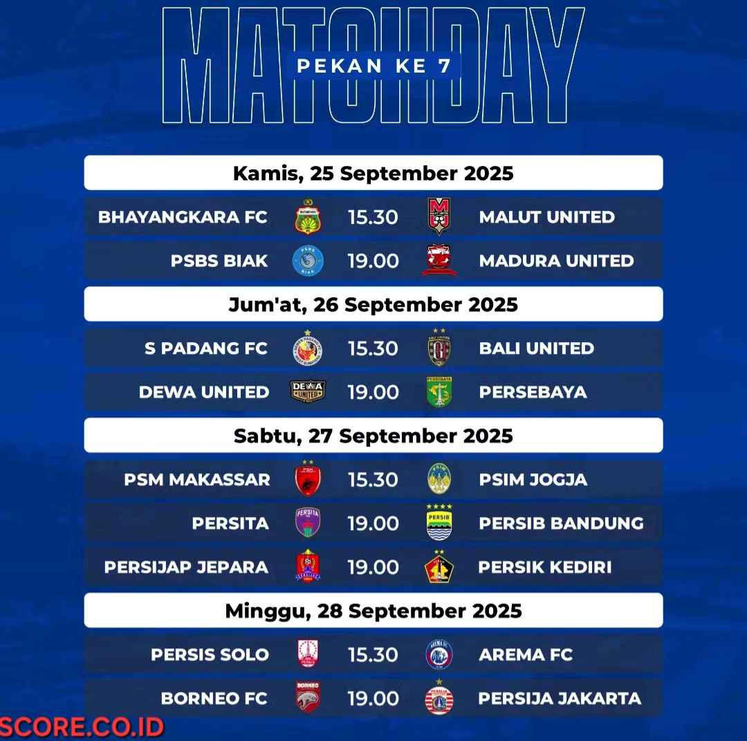 Jadwal Super League Pekan 7: Mulai Kamis 25 September 2025